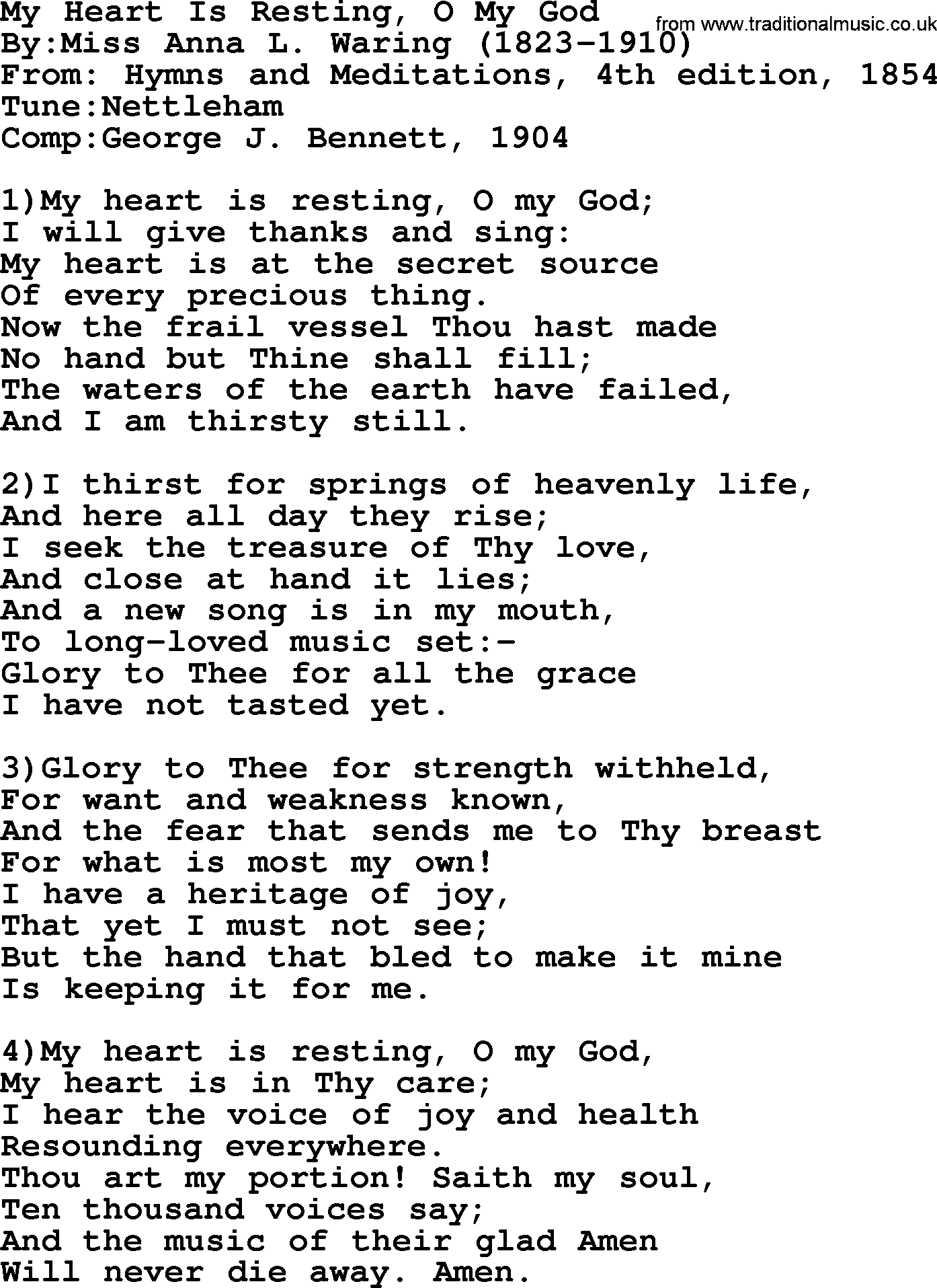 Methodist Hymn: My Heart Is Resting, O My God, lyrics