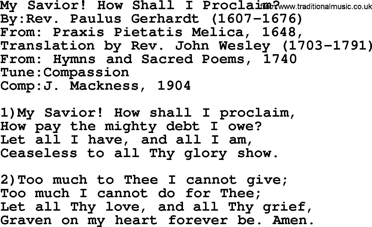Methodist Hymn: My Savior! How Shall I Proclaim, lyrics