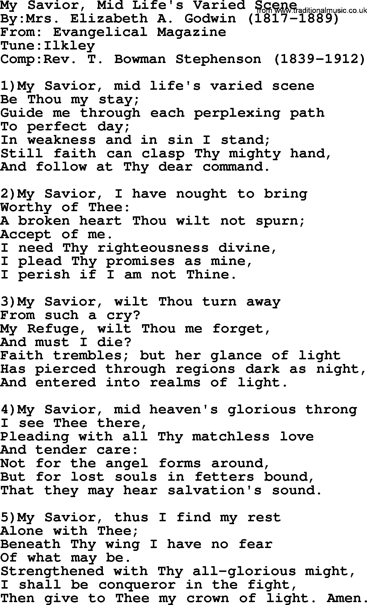 Methodist Hymn: My Savior, Mid Life's Varied Scene, lyrics