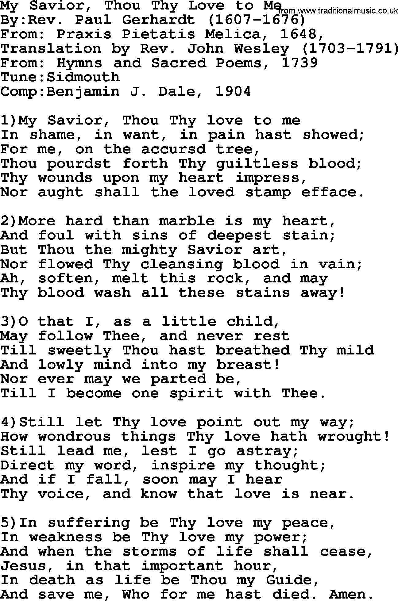 Methodist Hymn: My Savior, Thou Thy Love To Me, lyrics