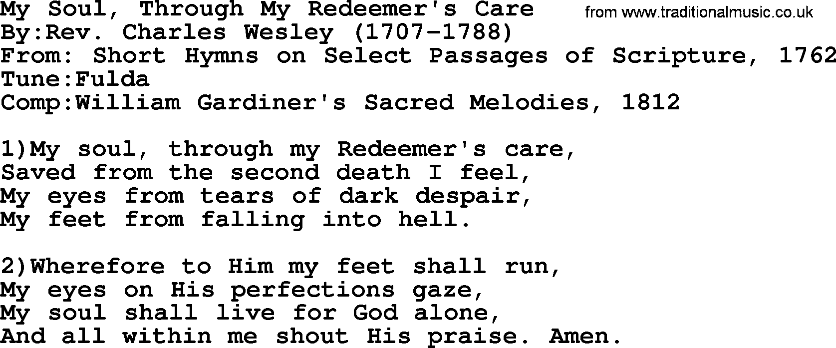 Methodist Hymn: My Soul, Through My Redeemer's Care, lyrics