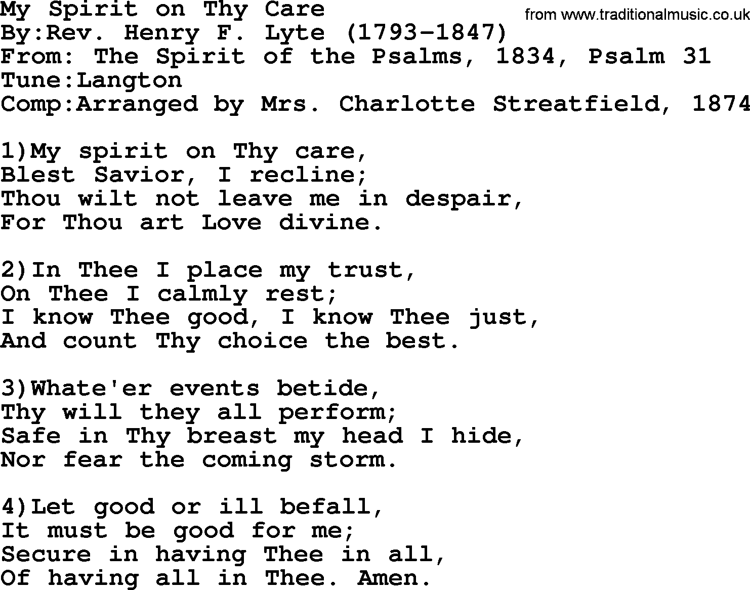 Methodist Hymn: My Spirit On Thy Care, lyrics