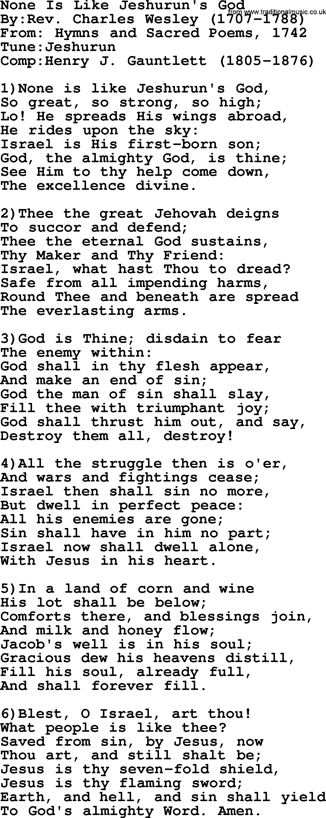 Methodist Hymn: None Is Like Jeshurun's God, lyrics