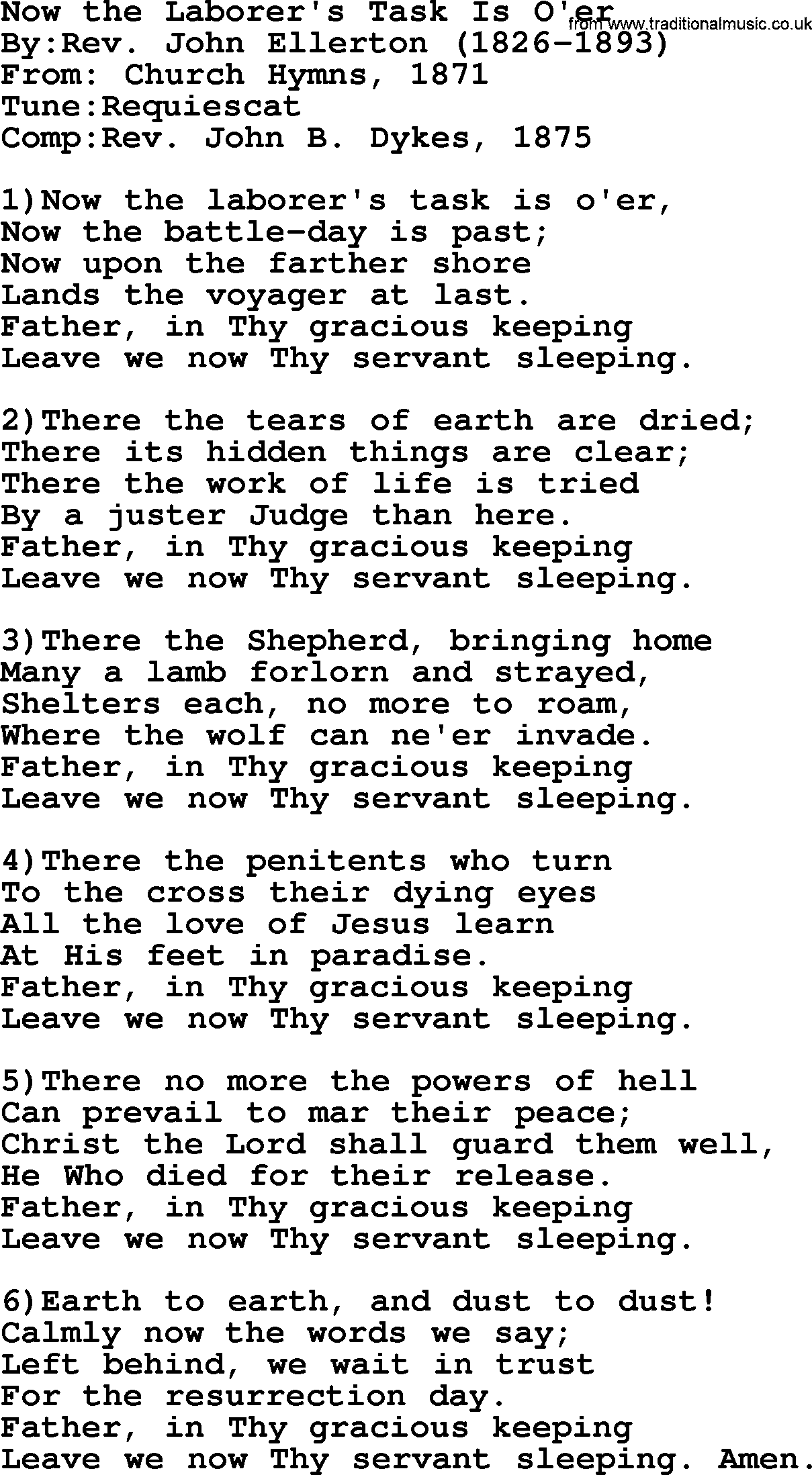 Methodist Hymn: Now The Laborer's Task Is O'er, lyrics