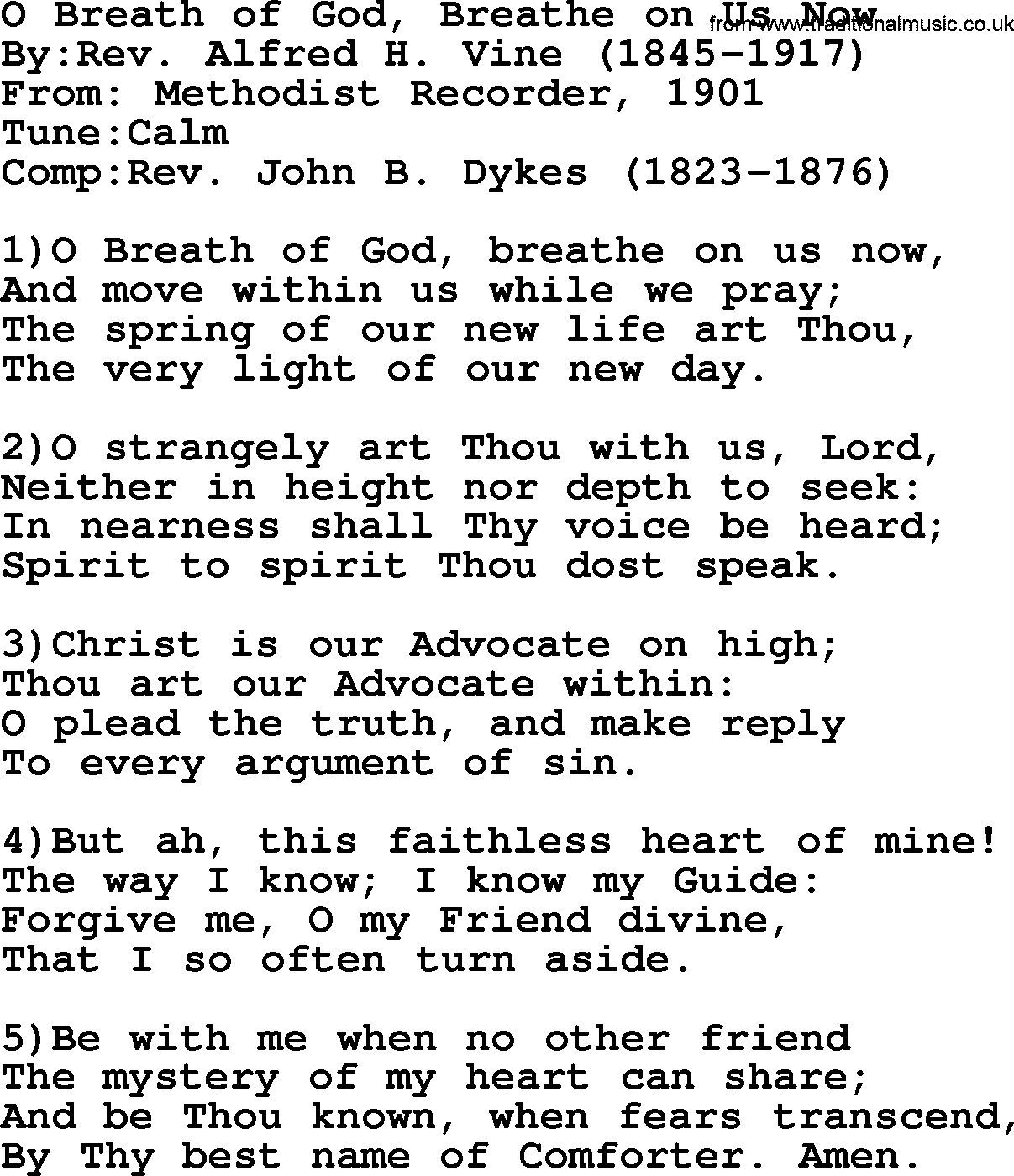 Methodist Hymn: O Breath Of God, Breathe On Us Now, lyrics