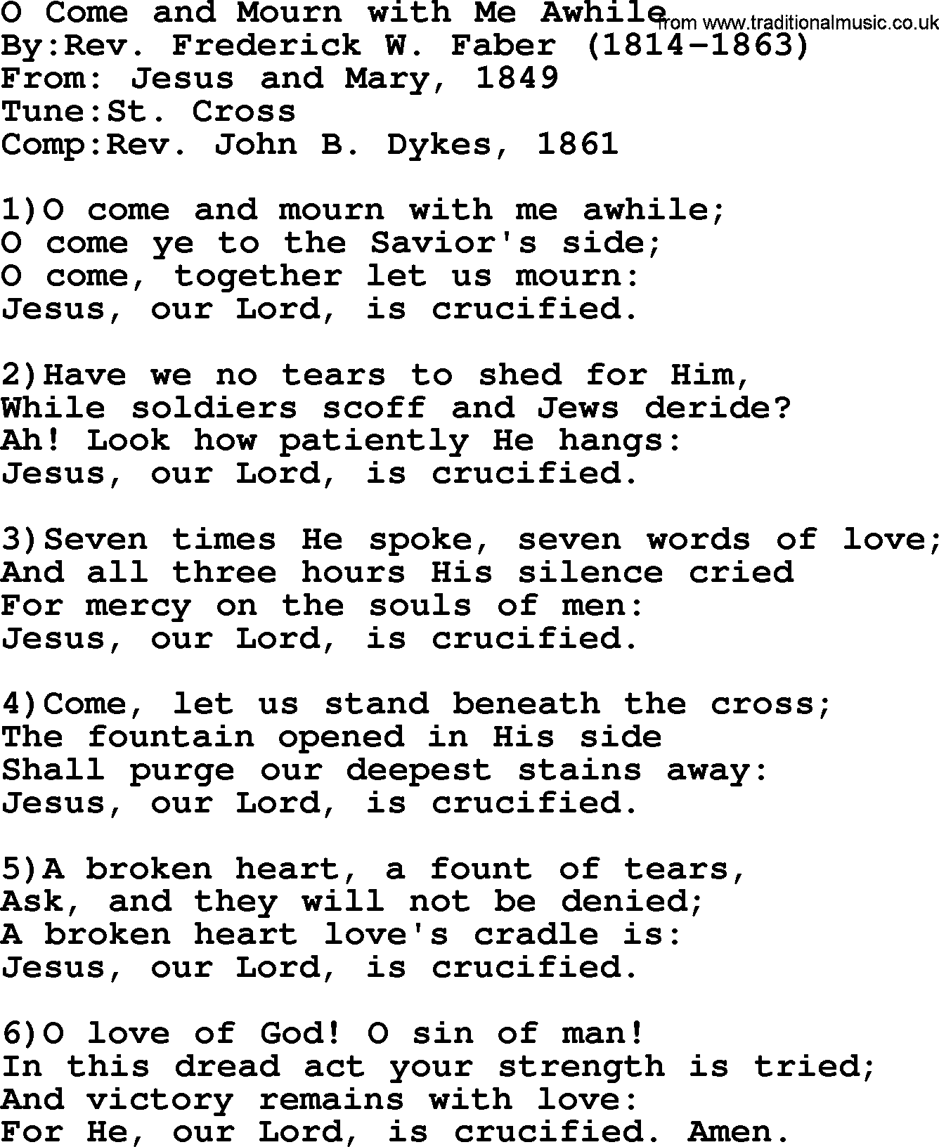 Methodist Hymn: O Come And Mourn With Me Awhile, lyrics