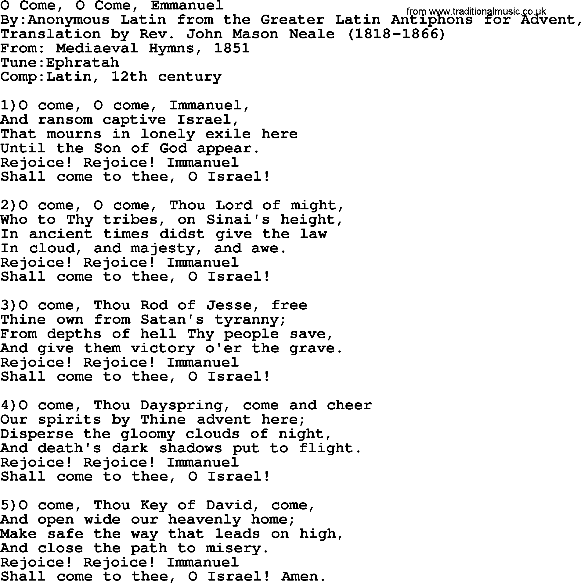 Methodist Hymn: O Come, O Come, Emmanuel, lyrics