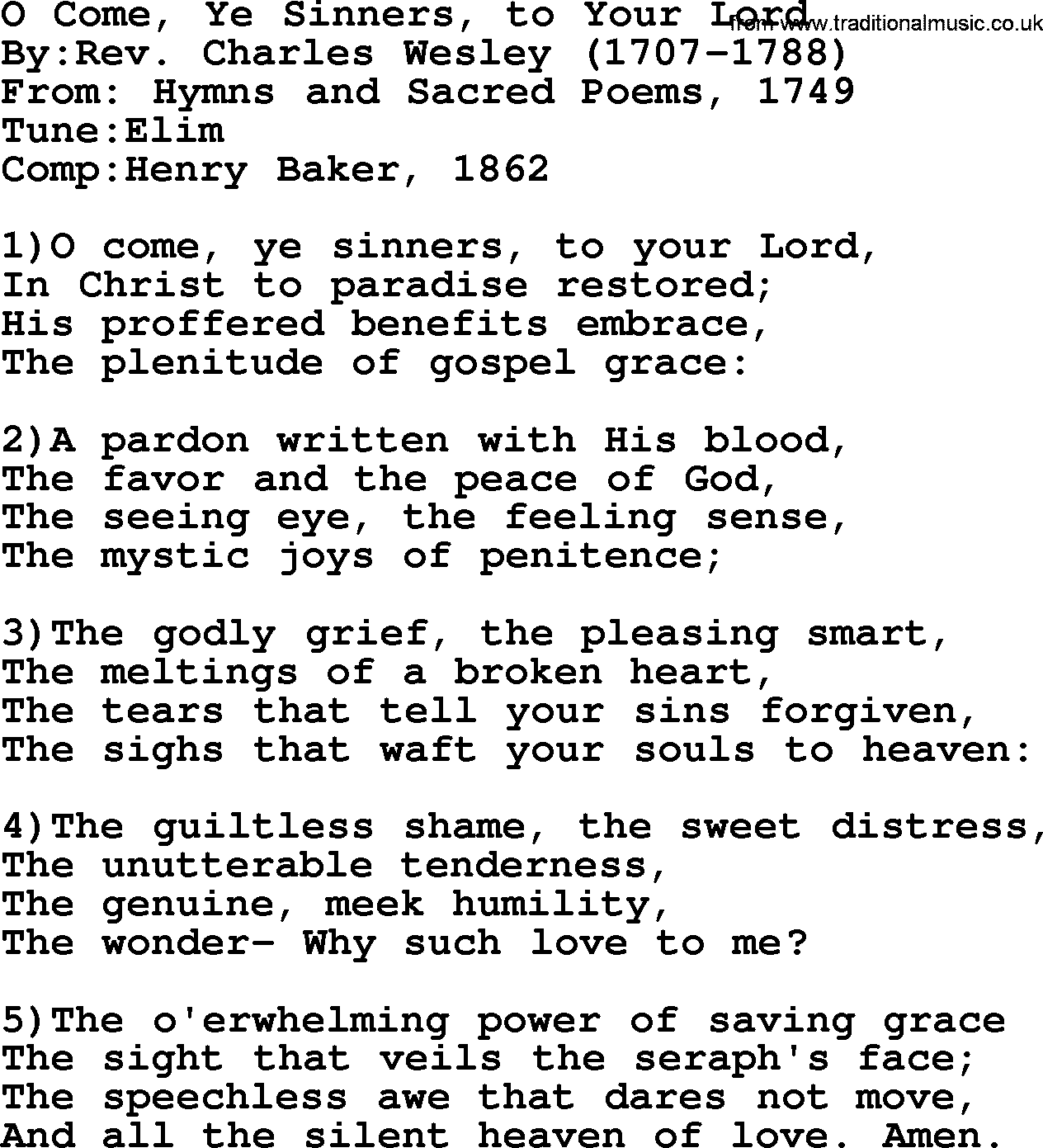 Methodist Hymn: O Come, Ye Sinners, To Your Lord, lyrics