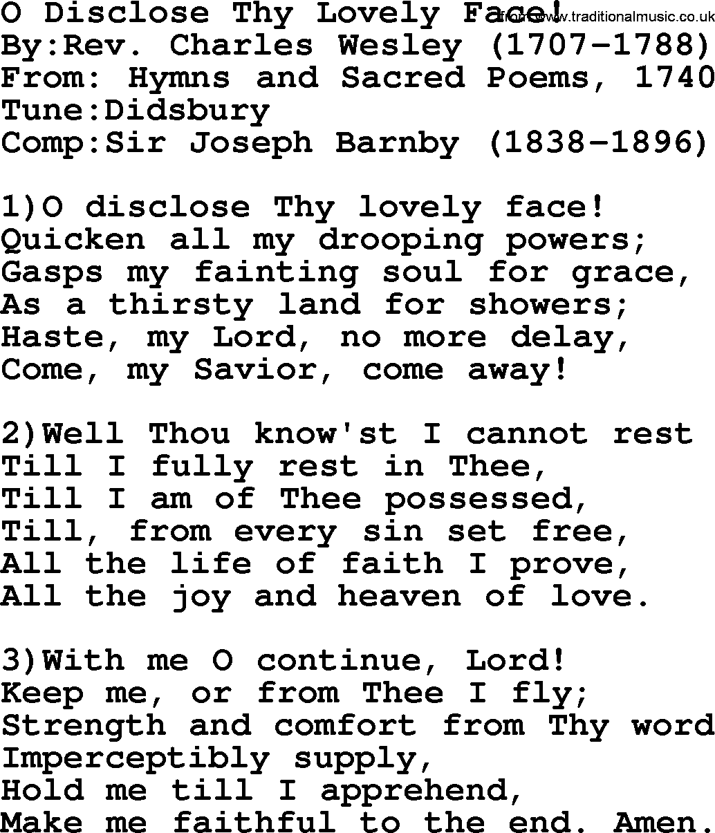 Methodist Hymn: O Disclose Thy Lovely Face!, lyrics