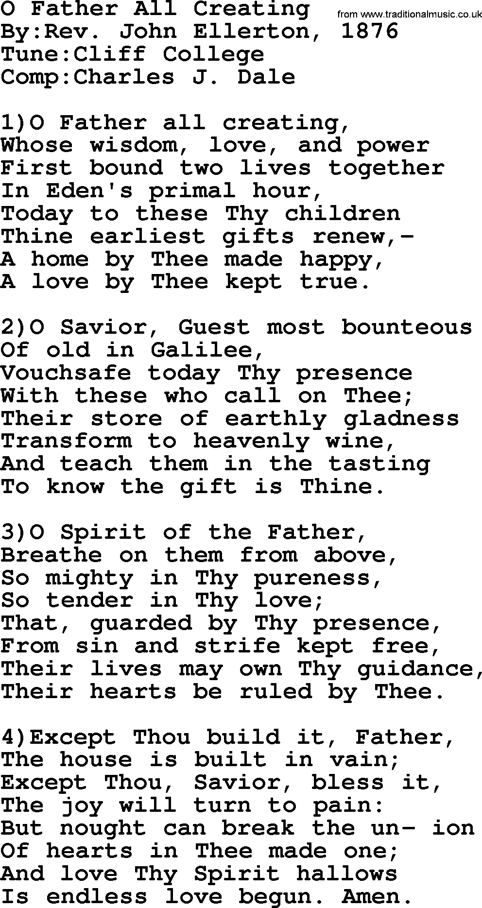 Methodist Hymn: O Father All Creating, lyrics
