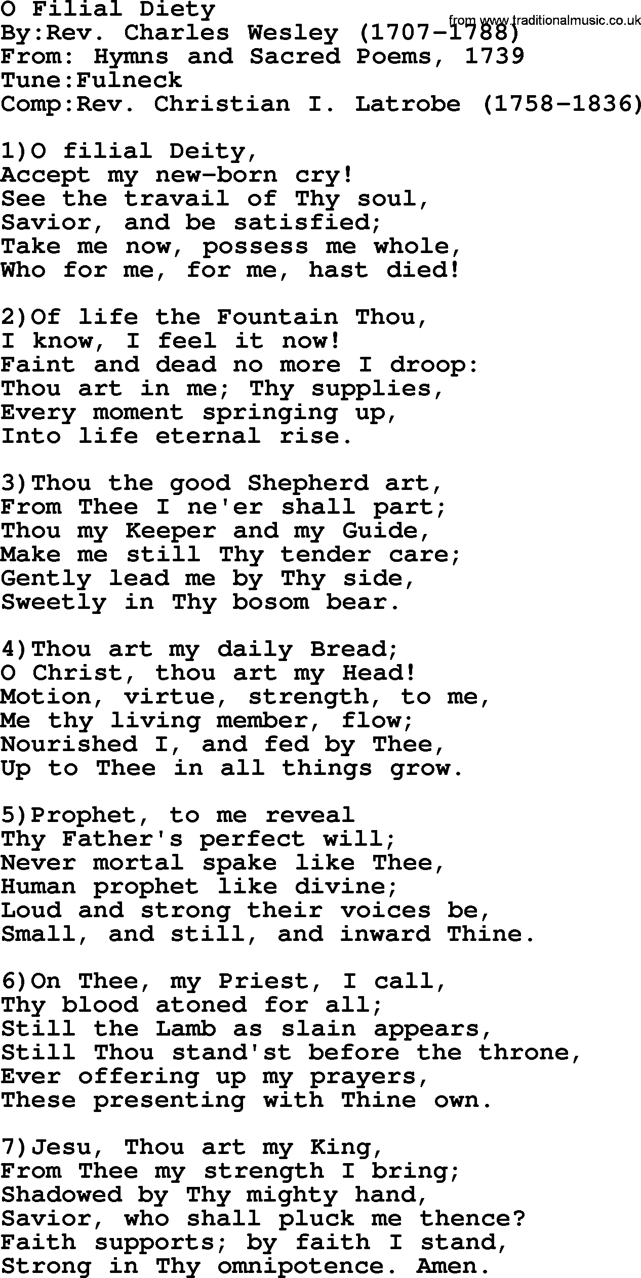 Methodist Hymn: O Filial Diety, lyrics