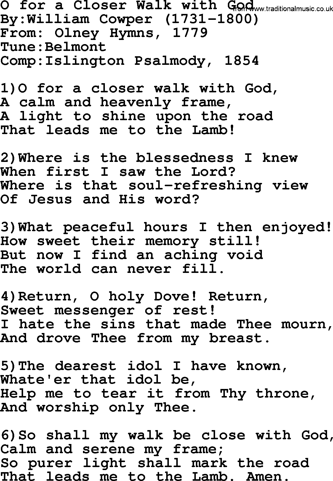 Methodist Hymn: O For A Closer Walk With God, lyrics