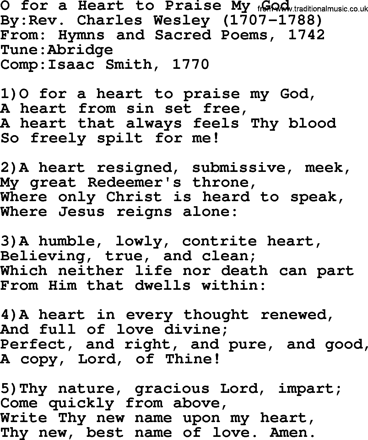 Methodist Hymn: O For A Heart To Praise My God, lyrics