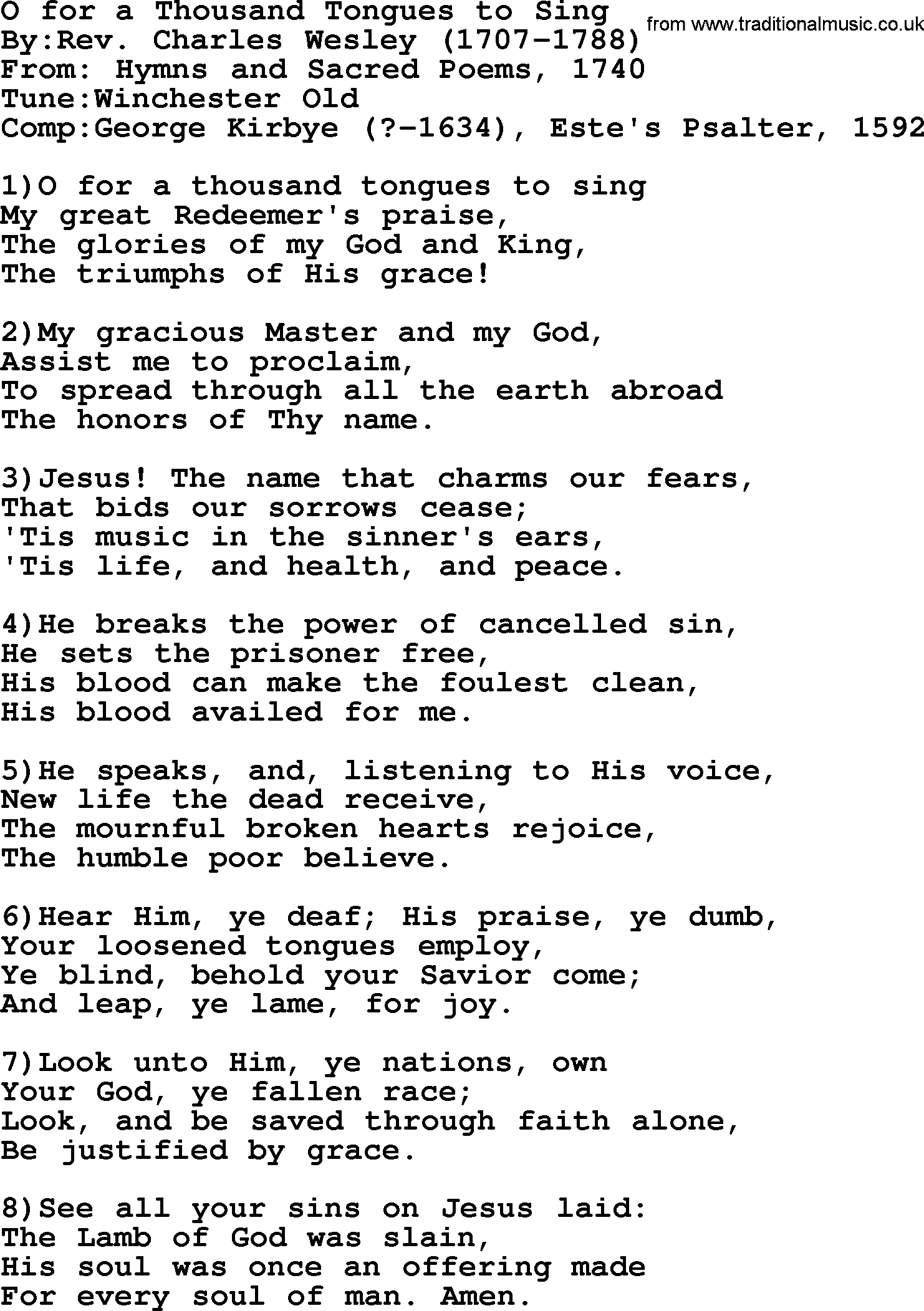 Methodist Hymn: O For A Thousand Tongues To Sing, lyrics