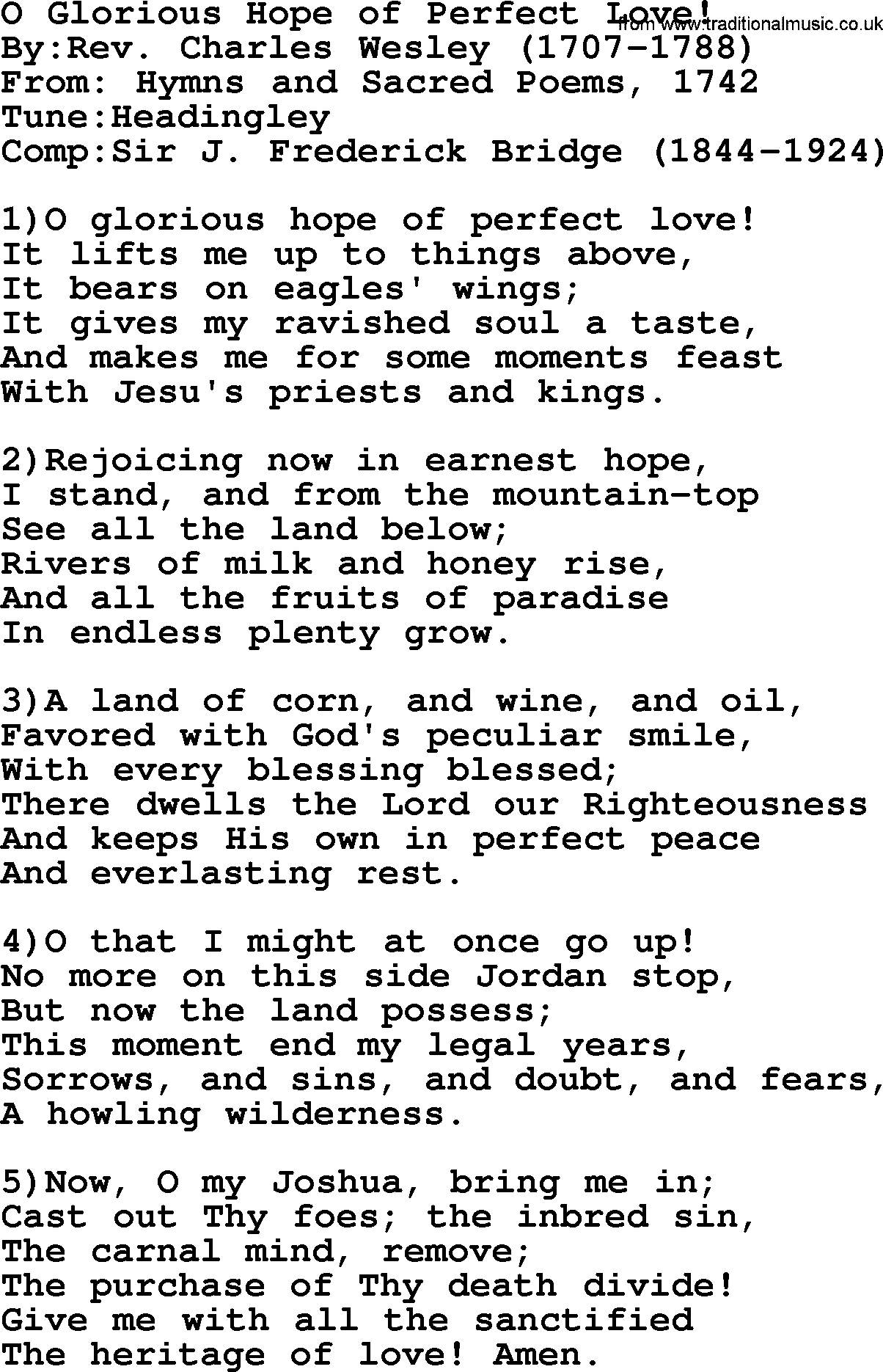 Methodist Hymn: O Glorious Hope Of Perfect Love!, lyrics