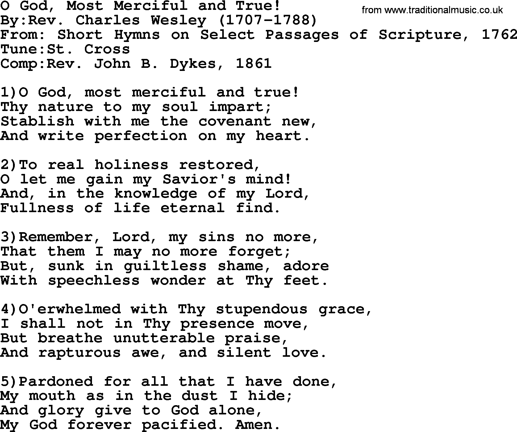 Methodist Hymn: O God, Most Merciful And True!, lyrics