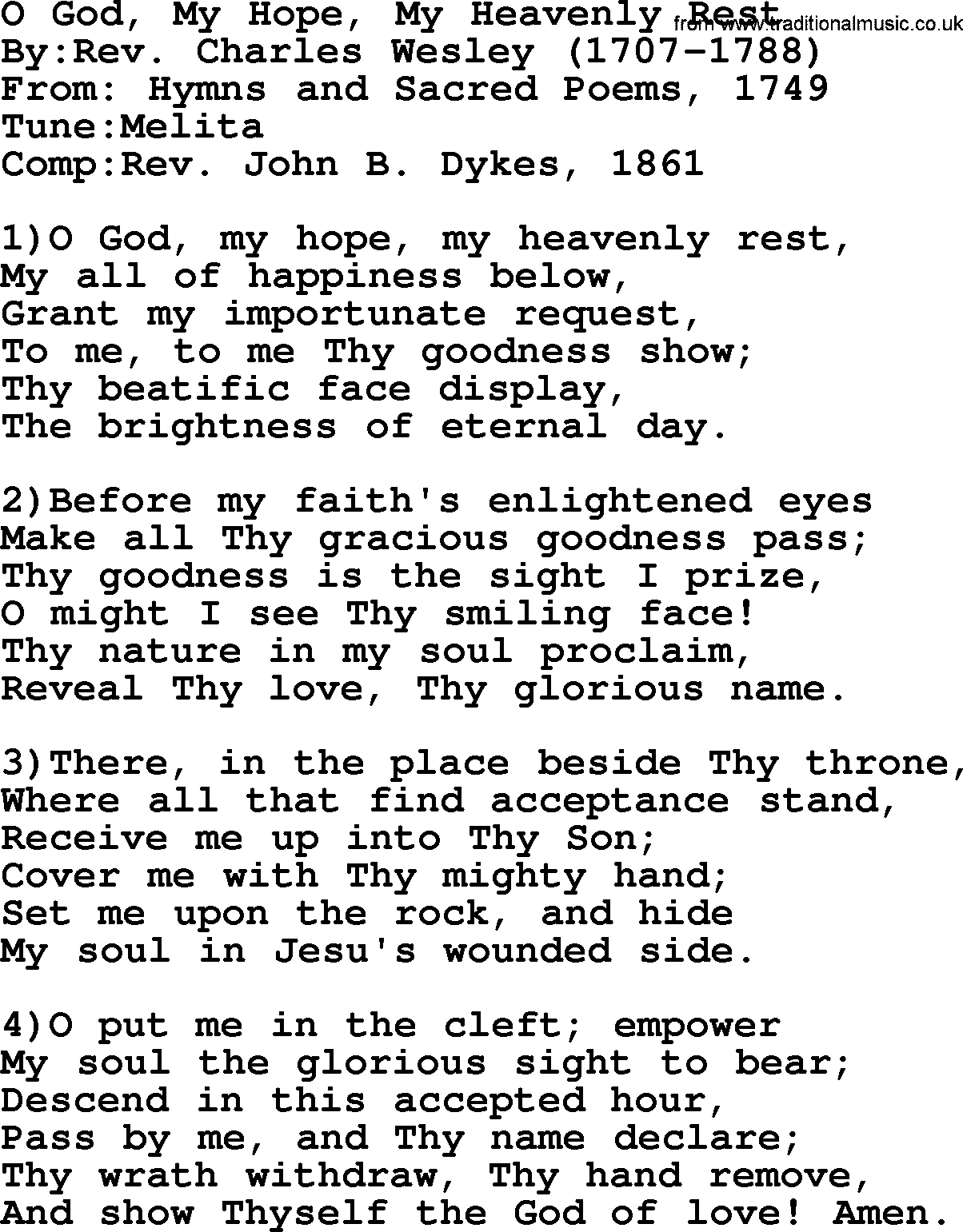 Methodist Hymn: O God, My Hope, My Heavenly Rest, lyrics