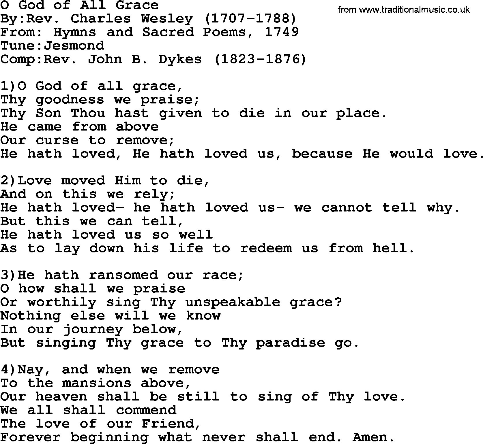 Methodist Hymn: O God Of All Grace, lyrics