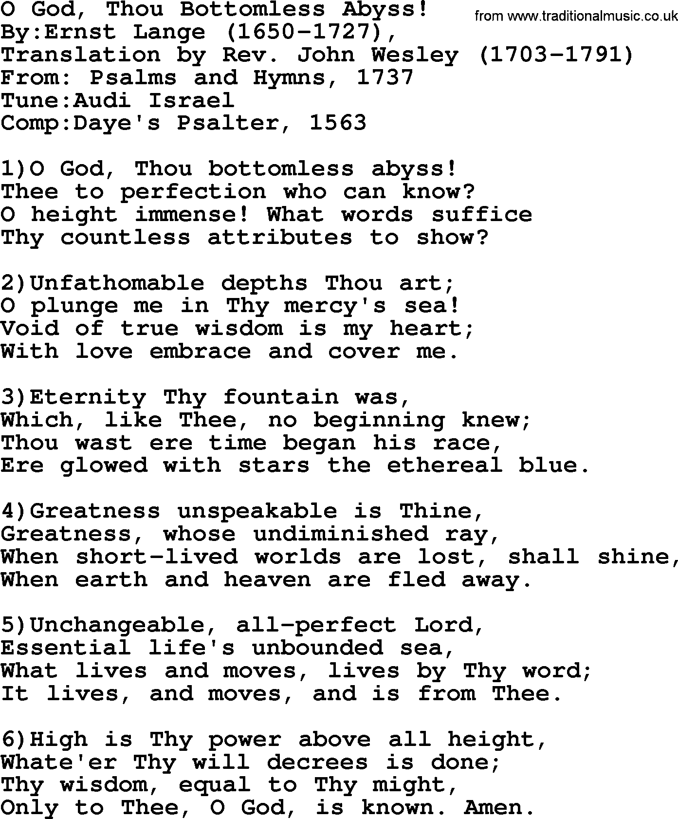 Methodist Hymn: O God, Thou Bottomless Abyss!, lyrics