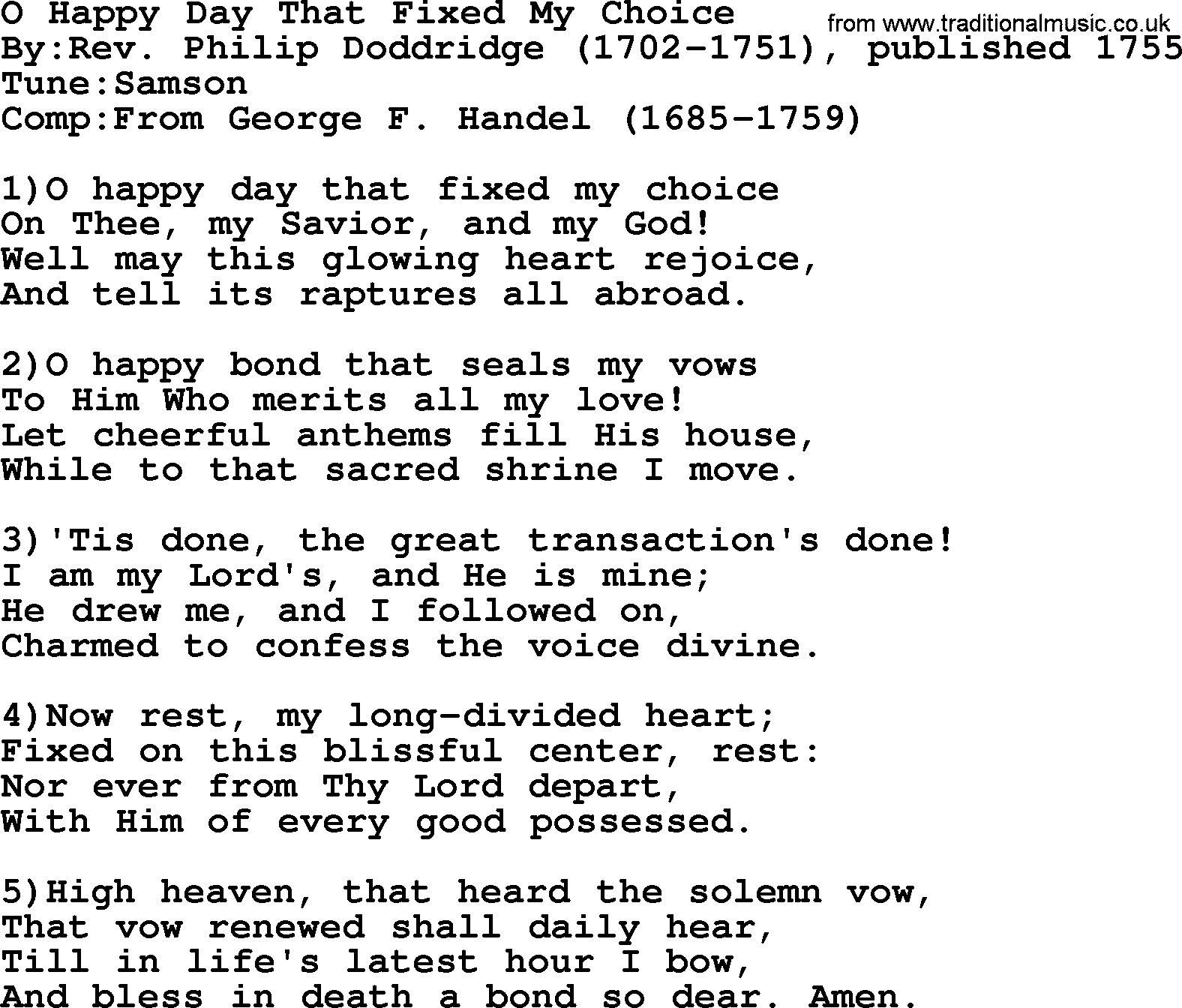 Methodist Hymn: O Happy Day That Fixed My Choice, lyrics