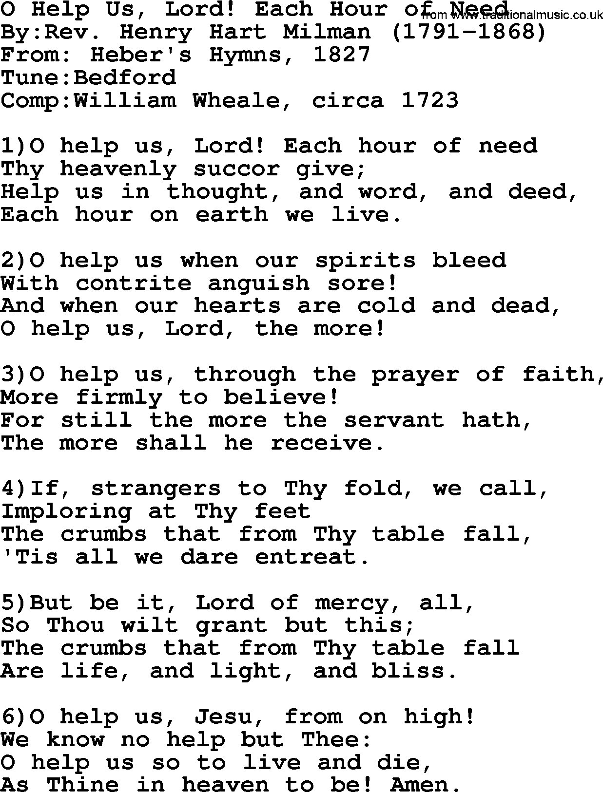 Methodist Hymn: O Help Us, Lord! Each Hour Of Need, lyrics
