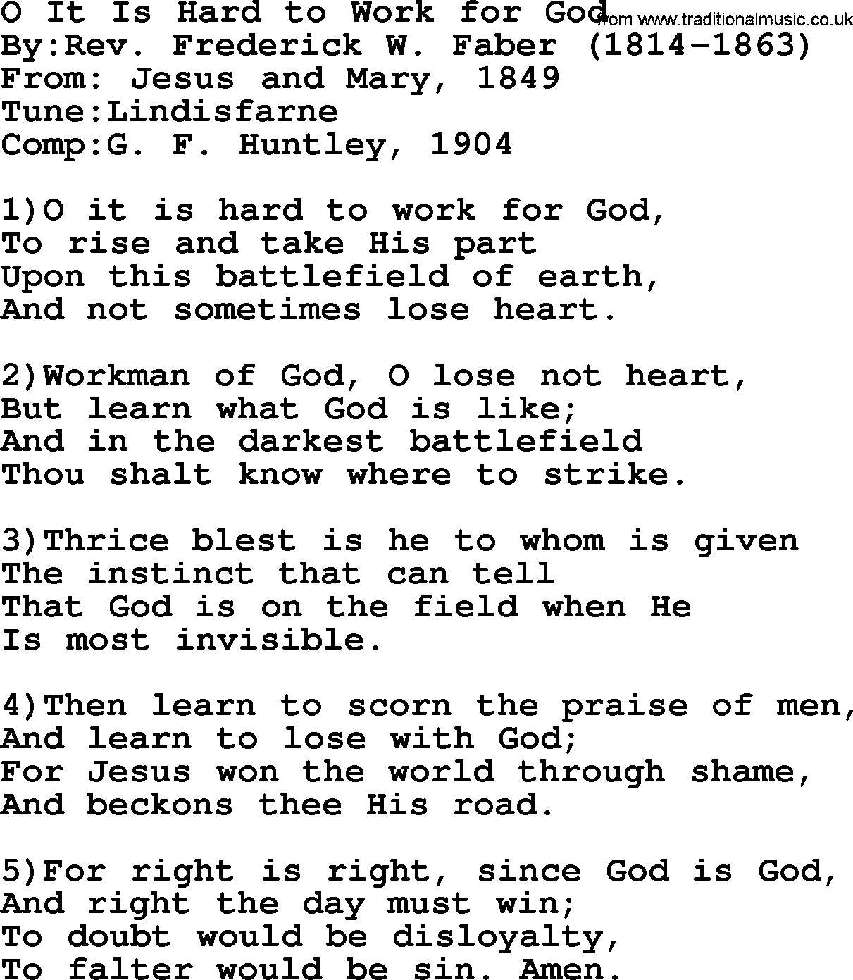 Methodist Hymn: O It Is Hard To Work For God, lyrics