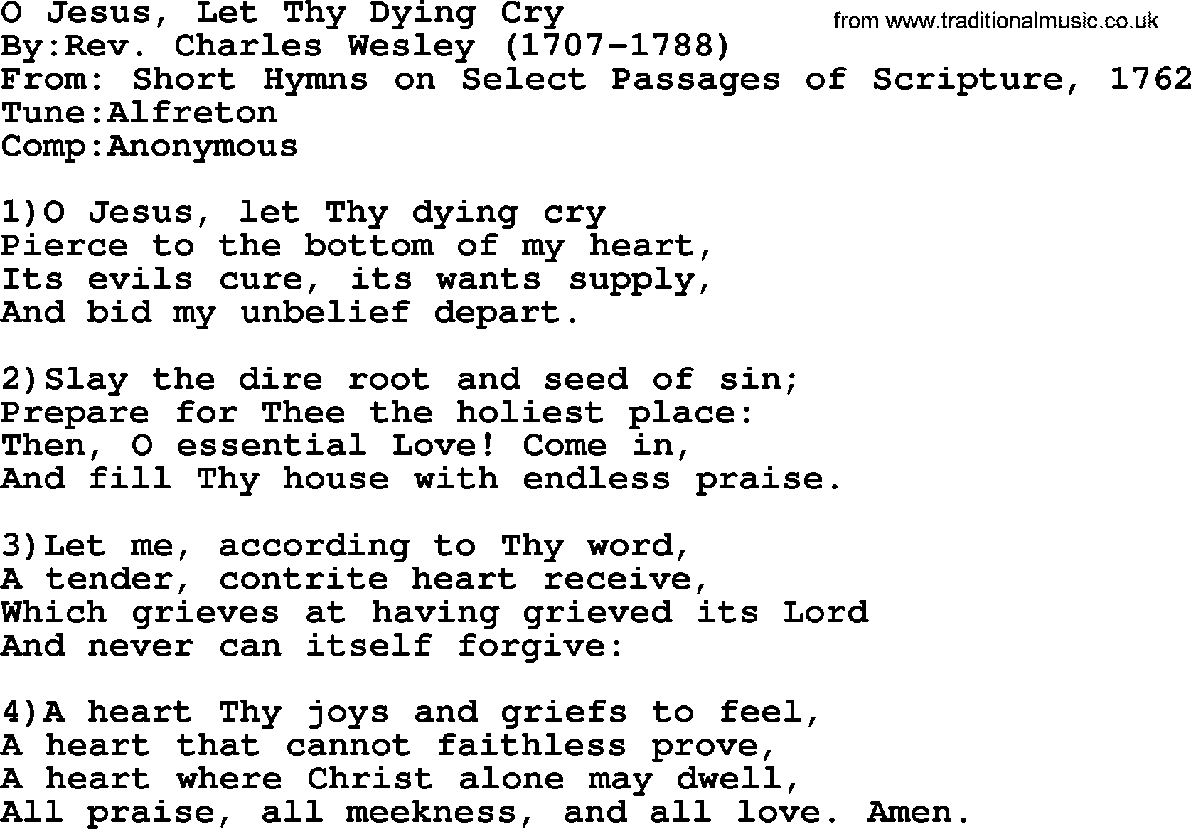 Methodist Hymn: O Jesus, Let Thy Dying Cry, lyrics