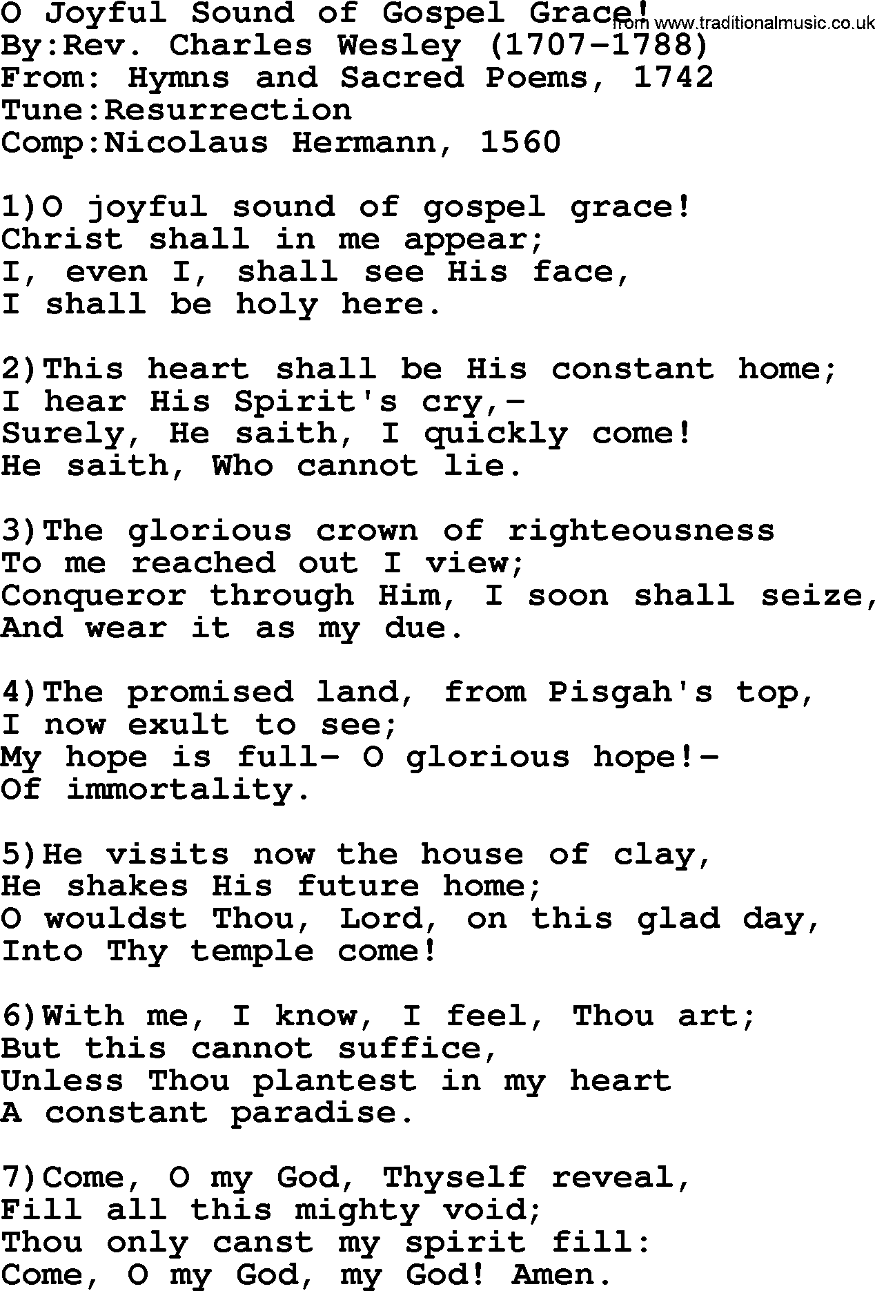 Methodist Hymn: O Joyful Sound Of Gospel Grace!, lyrics