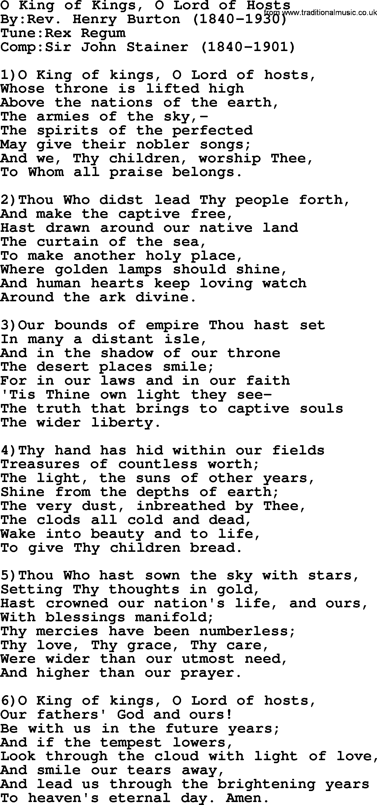 Methodist Hymn: O King Of Kings, O Lord Of Hosts, lyrics