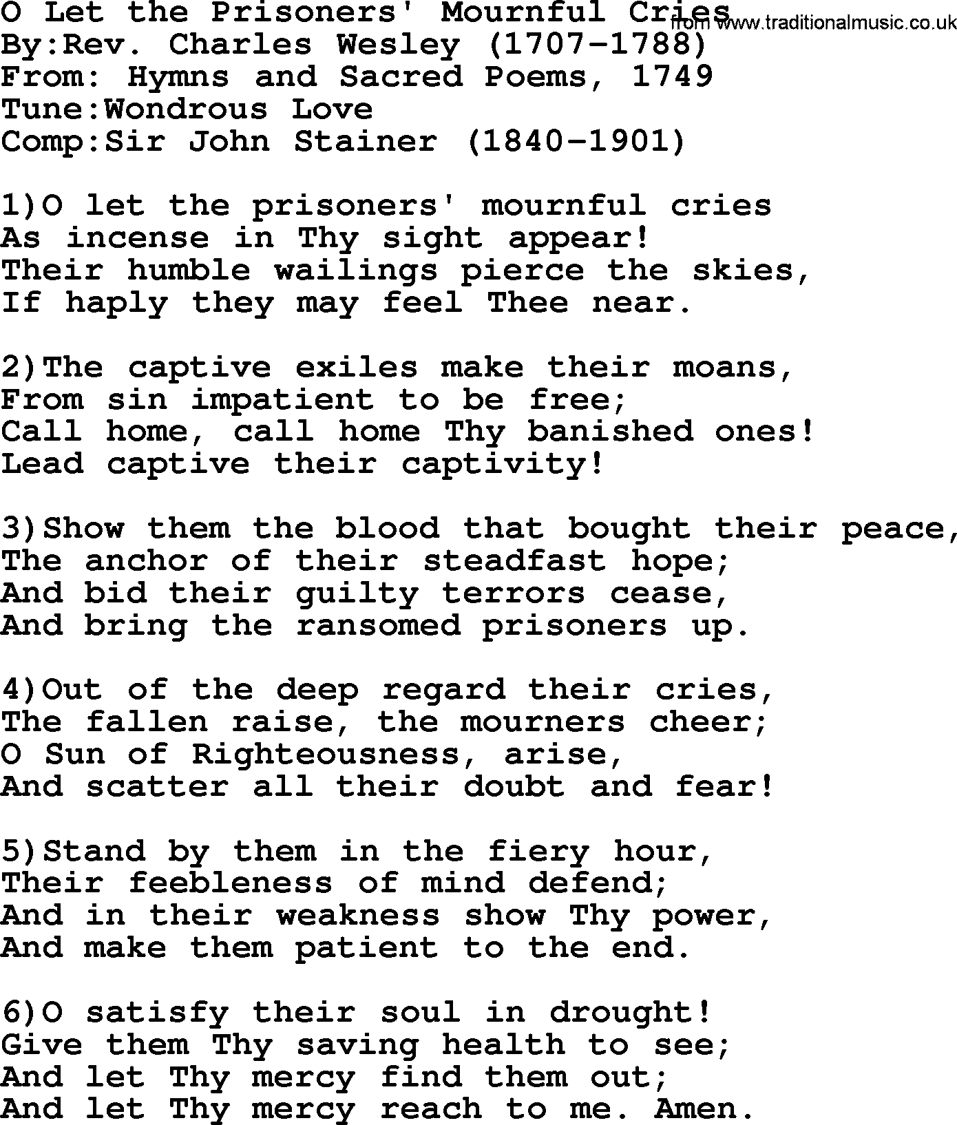 Methodist Hymn: O Let The Prisoners' Mournful Cries, lyrics