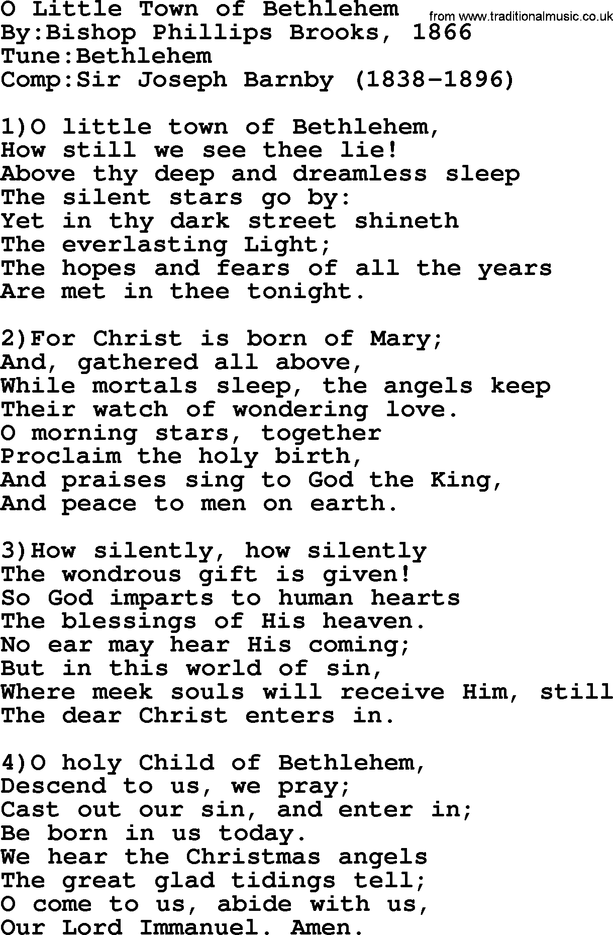 Methodist Hymn: O Little Town Of Bethlehem, lyrics