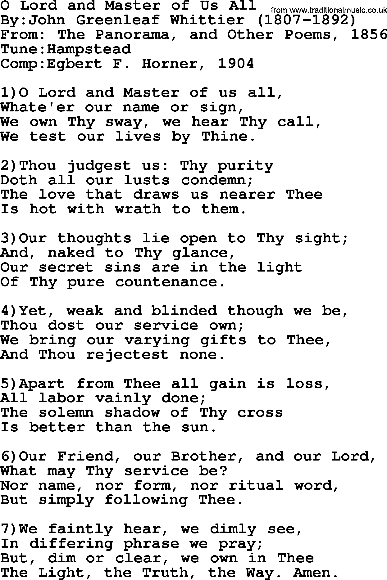 Methodist Hymn: O Lord And Master Of Us All, lyrics