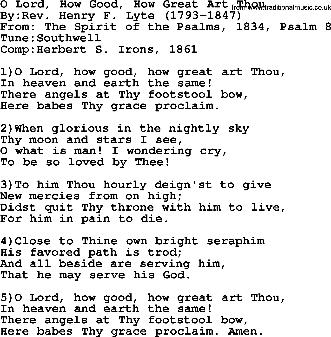Methodist Hymn: O Lord, How Good, How Great Art Thou, lyrics