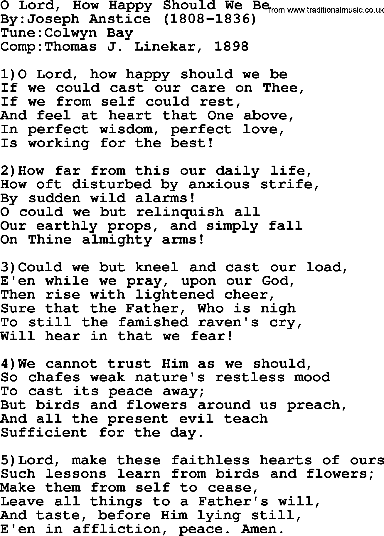 Methodist Hymn: O Lord, How Happy Should We Be, lyrics
