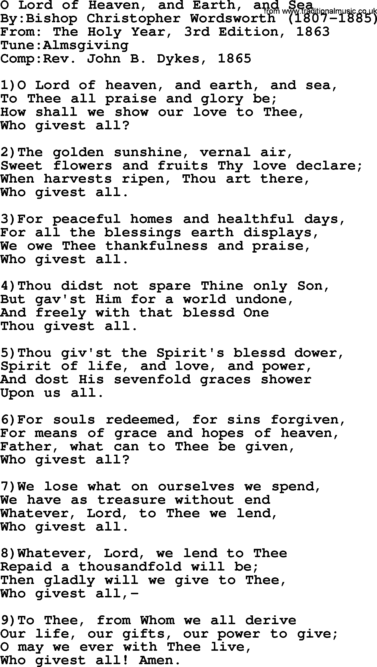 Methodist Hymn: O Lord Of Heaven, And Earth, And Sea, lyrics