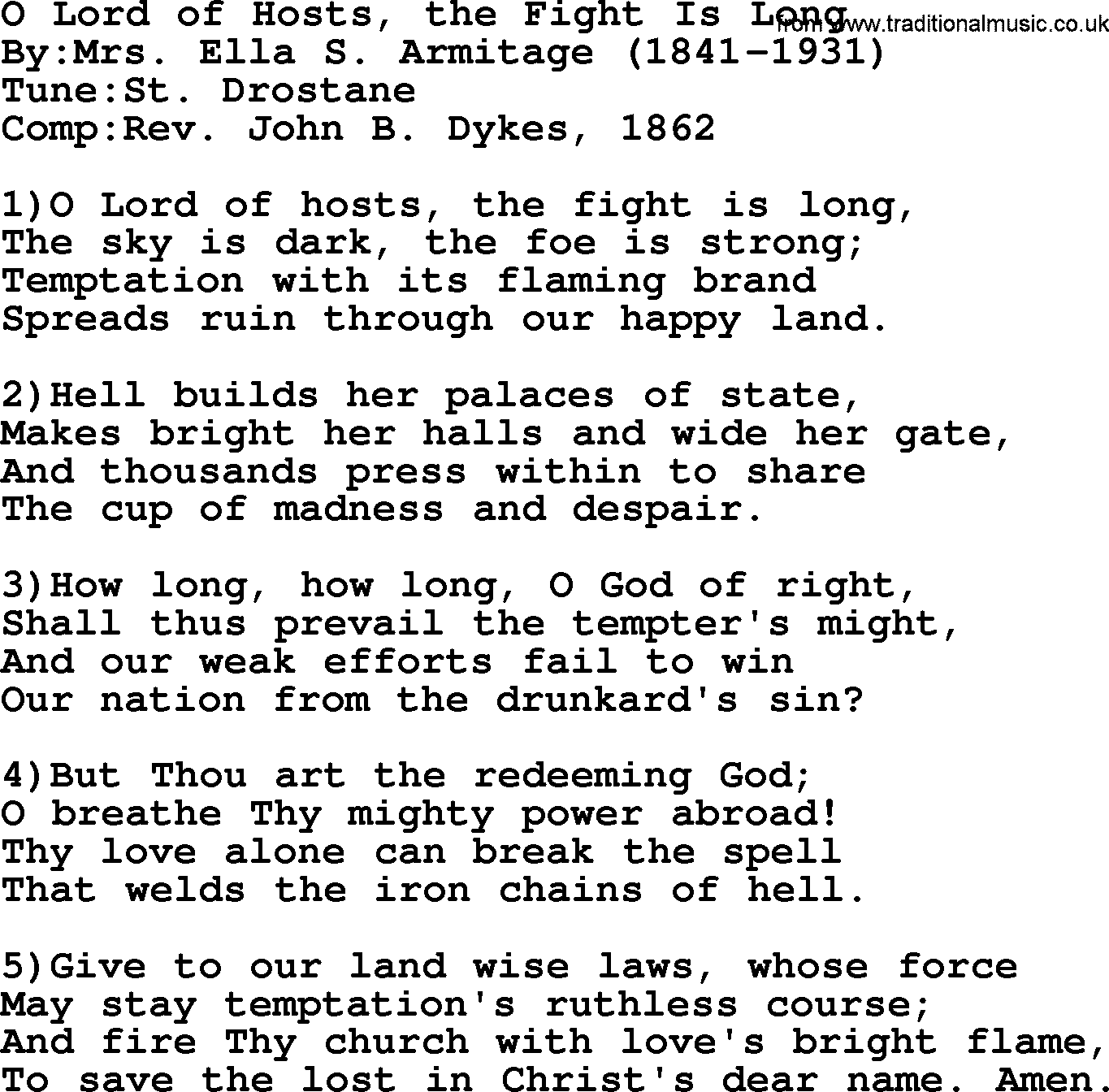 Methodist Hymn: O Lord Of Hosts, The Fight Is Long, lyrics