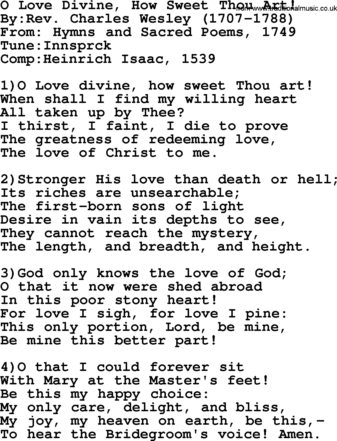 Methodist Hymn: O Love Divine, How Sweet Thou Art!, lyrics