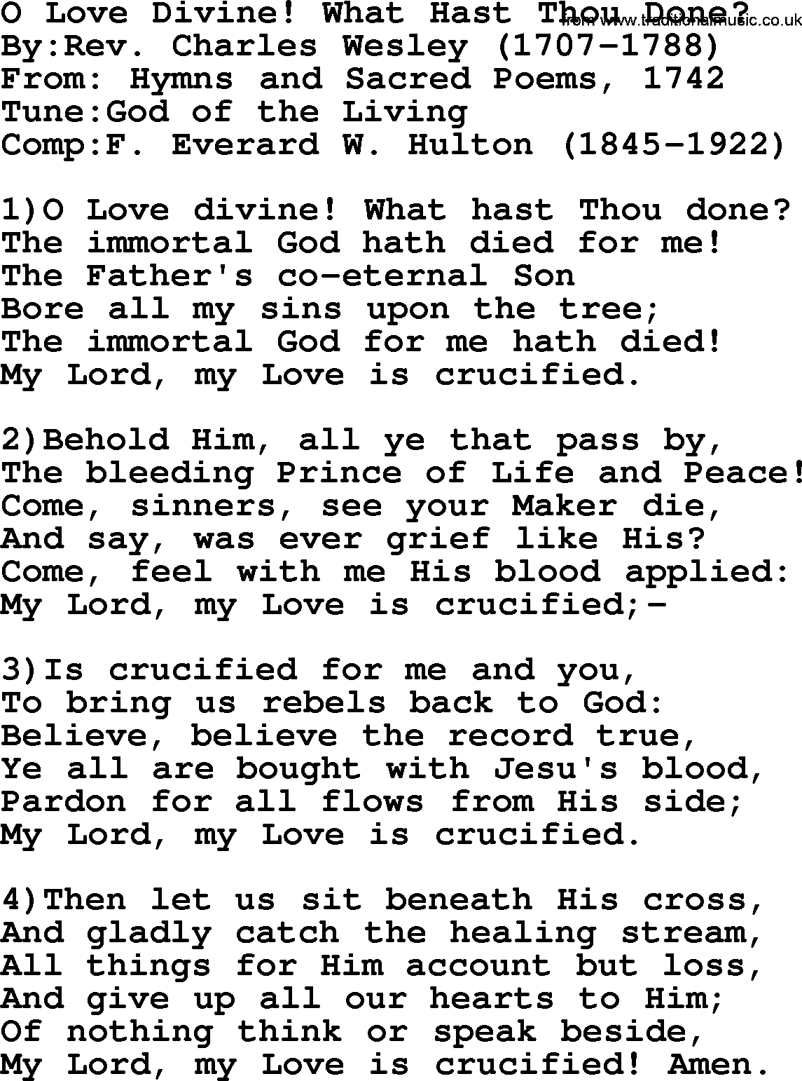 Methodist Hymn: O Love Divine! What Hast Thou Done, lyrics