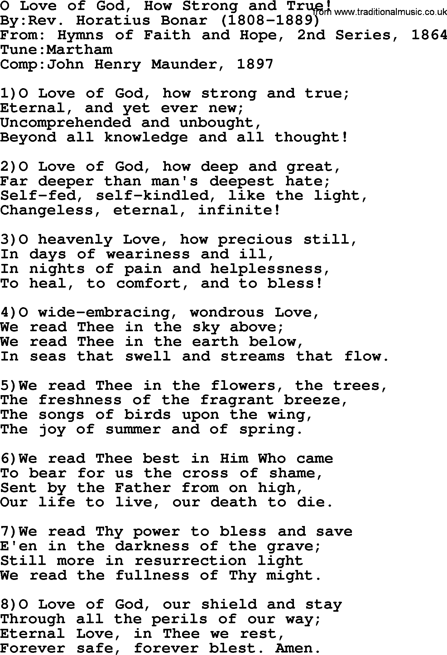 Methodist Hymn: O Love Of God, How Strong And True!, lyrics