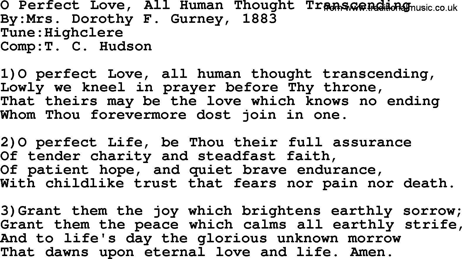 Methodist Hymn: O Perfect Love, All Human Thought Transcending, lyrics