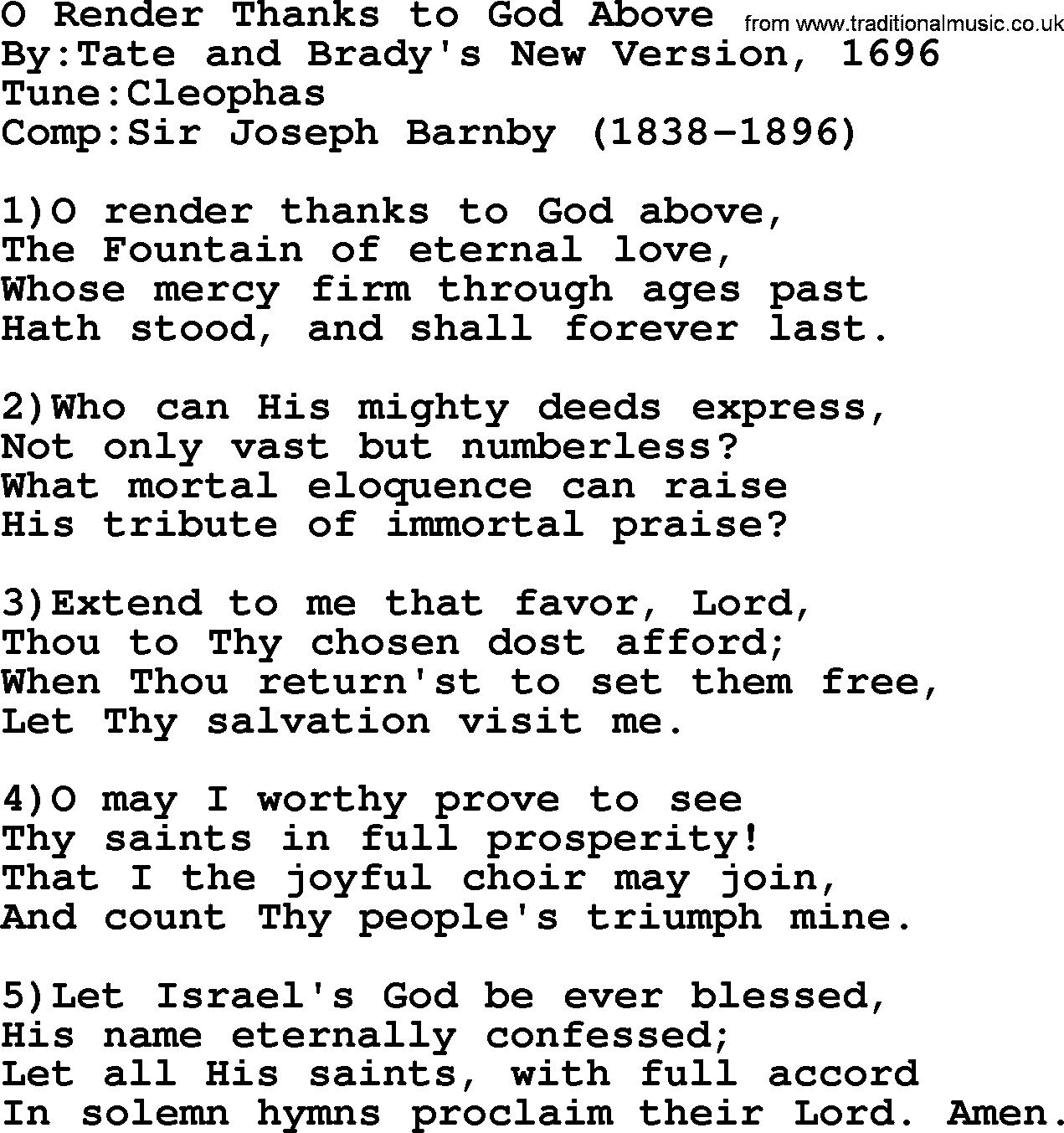 Methodist Hymn: O Render Thanks To God Above, lyrics