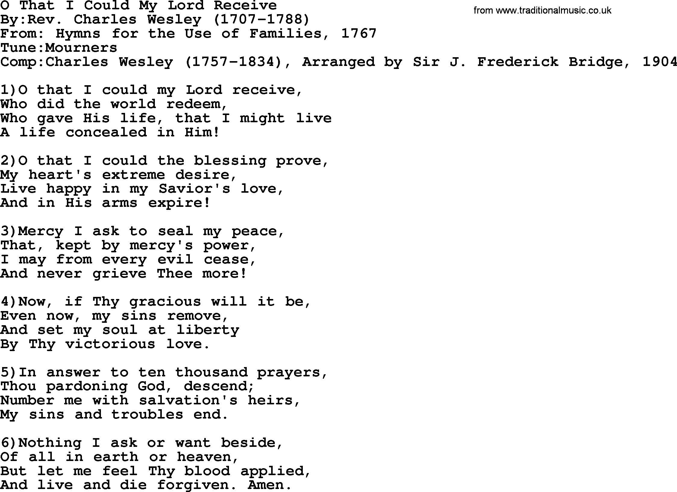 Methodist Hymn: O That I Could My Lord Receive, lyrics