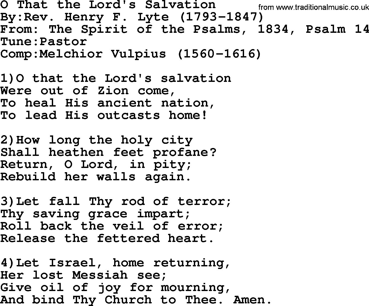 Methodist Hymn: O That The Lord's Salvation, lyrics