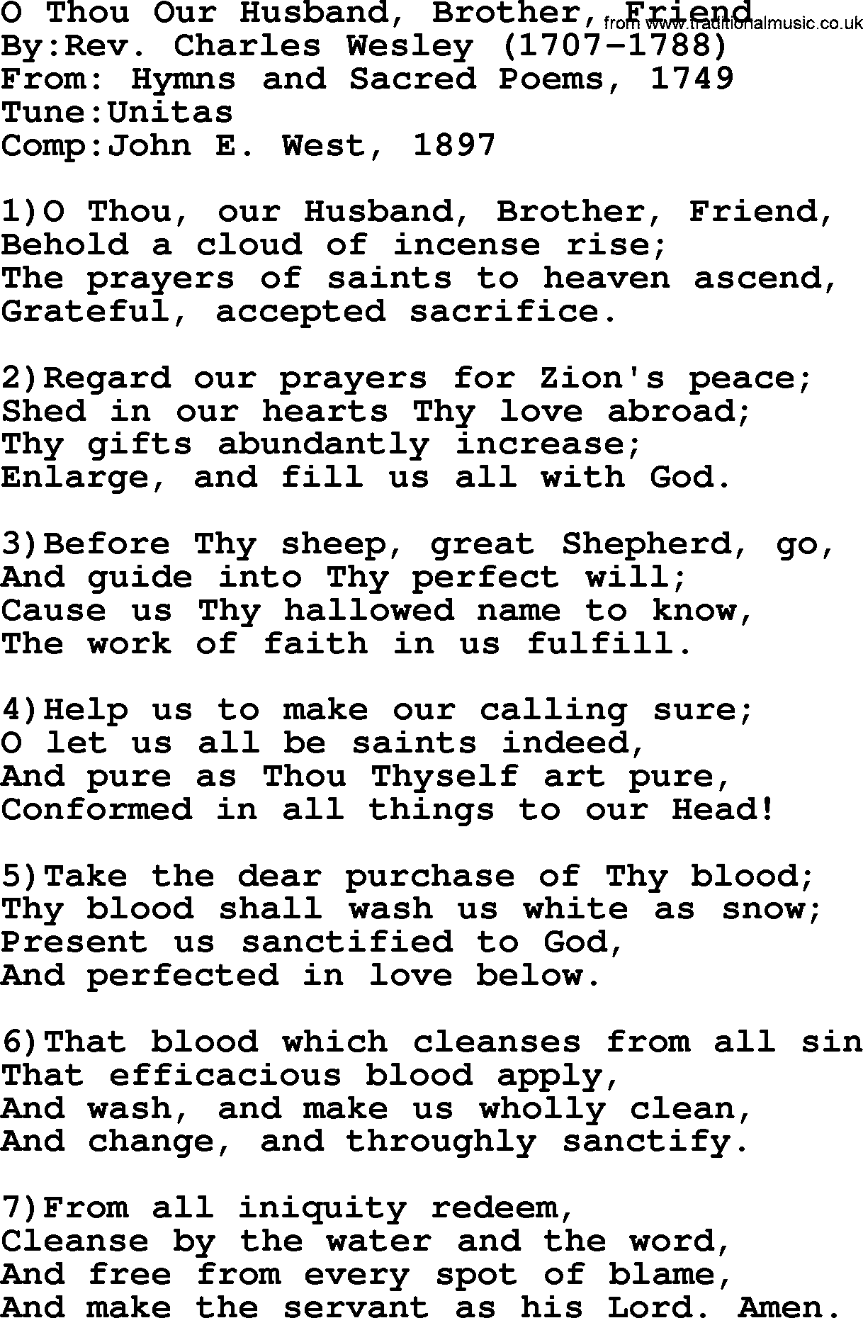 Methodist Hymn: O Thou Our Husband, Brother, Friend, lyrics