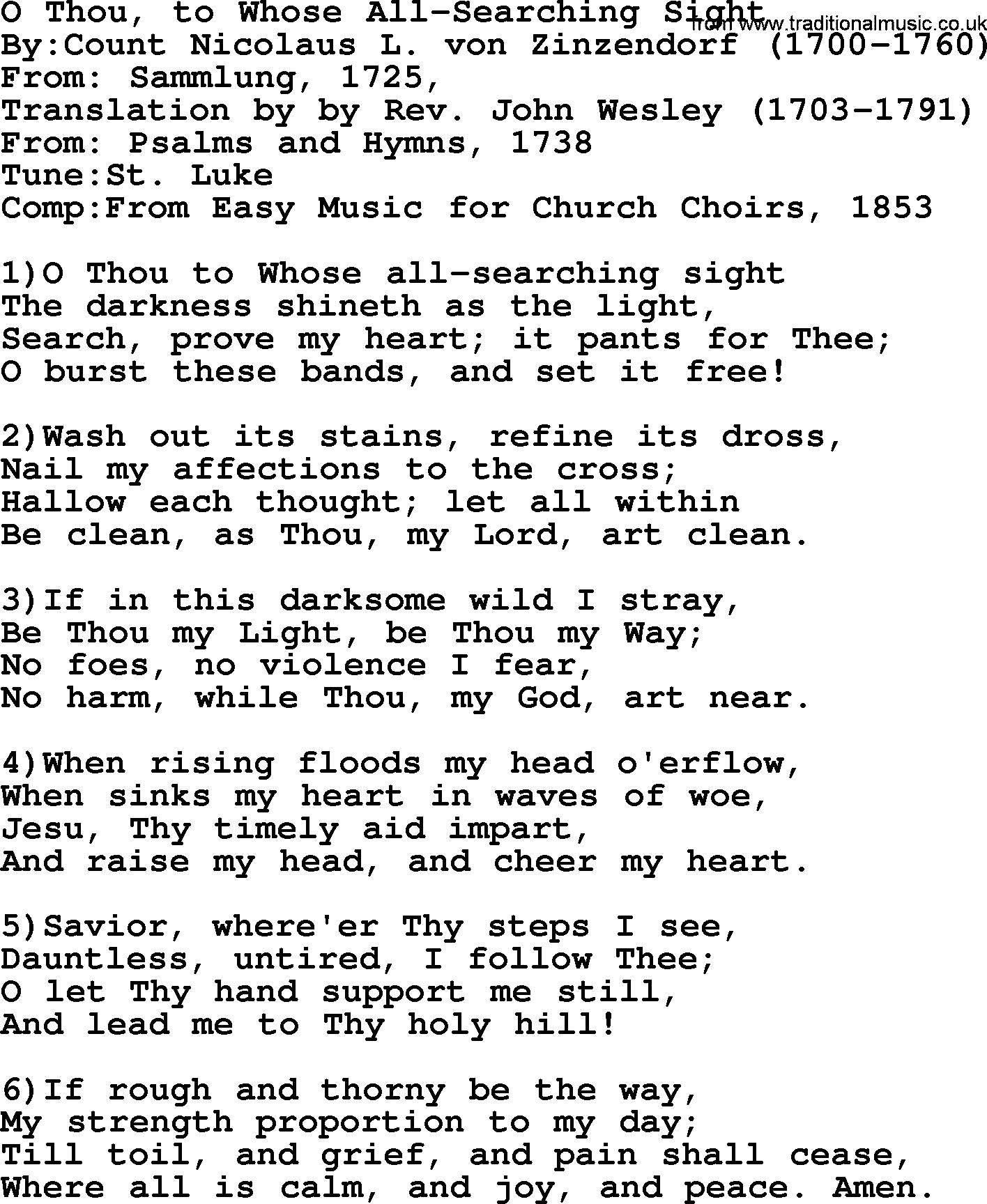 Methodist Hymn: O Thou, To Whose All-searching Sight, lyrics
