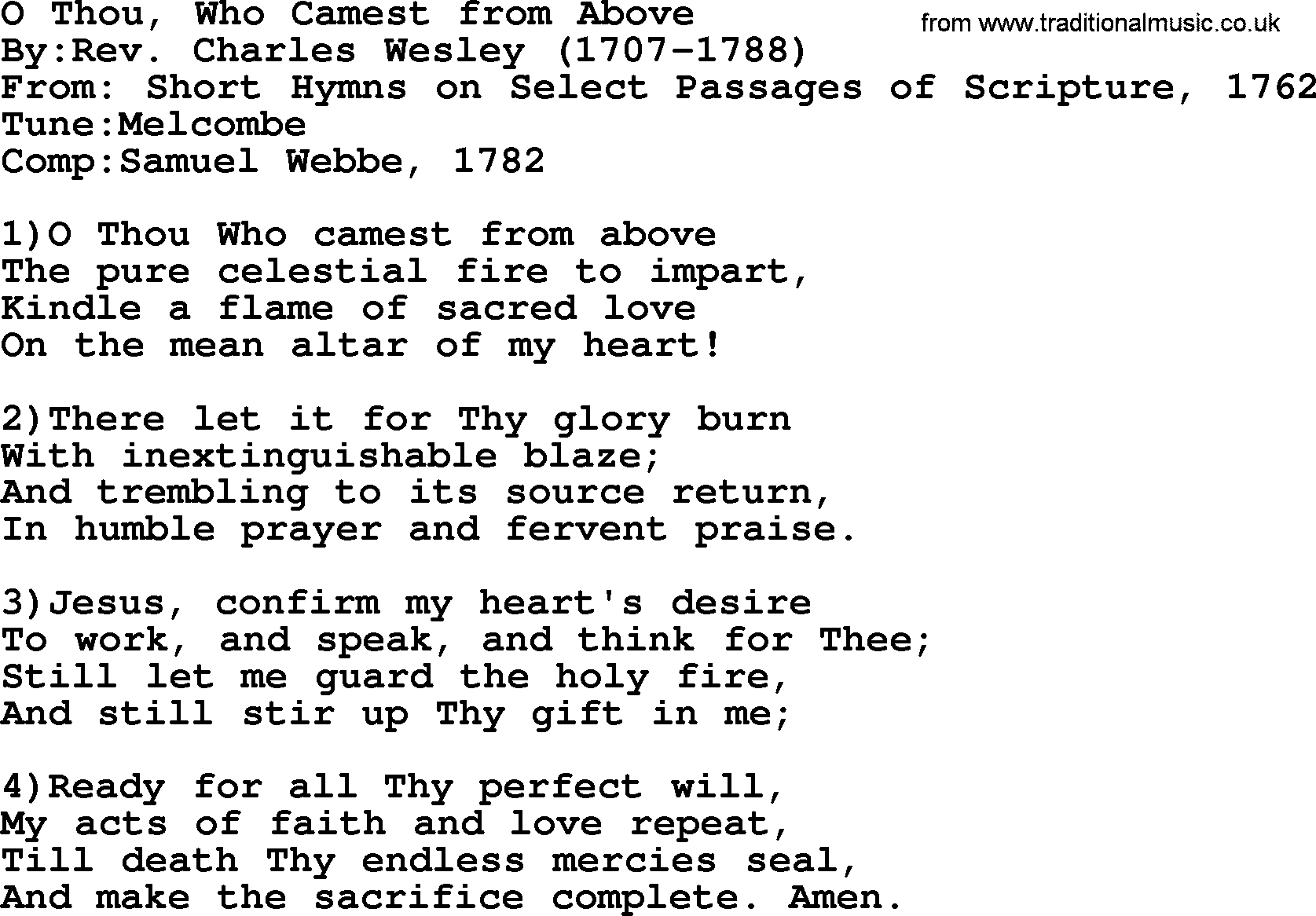 Methodist Hymn: O Thou, Who Camest From Above, lyrics