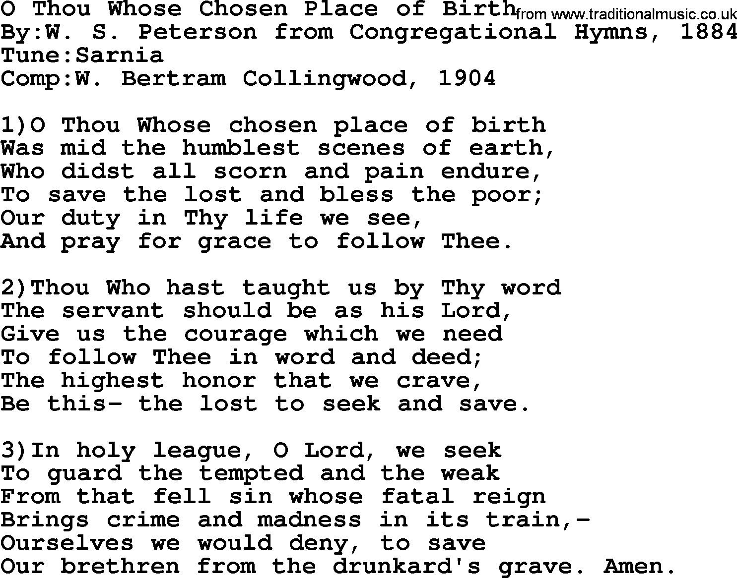 Methodist Hymn: O Thou Whose Chosen Place Of Birth, lyrics