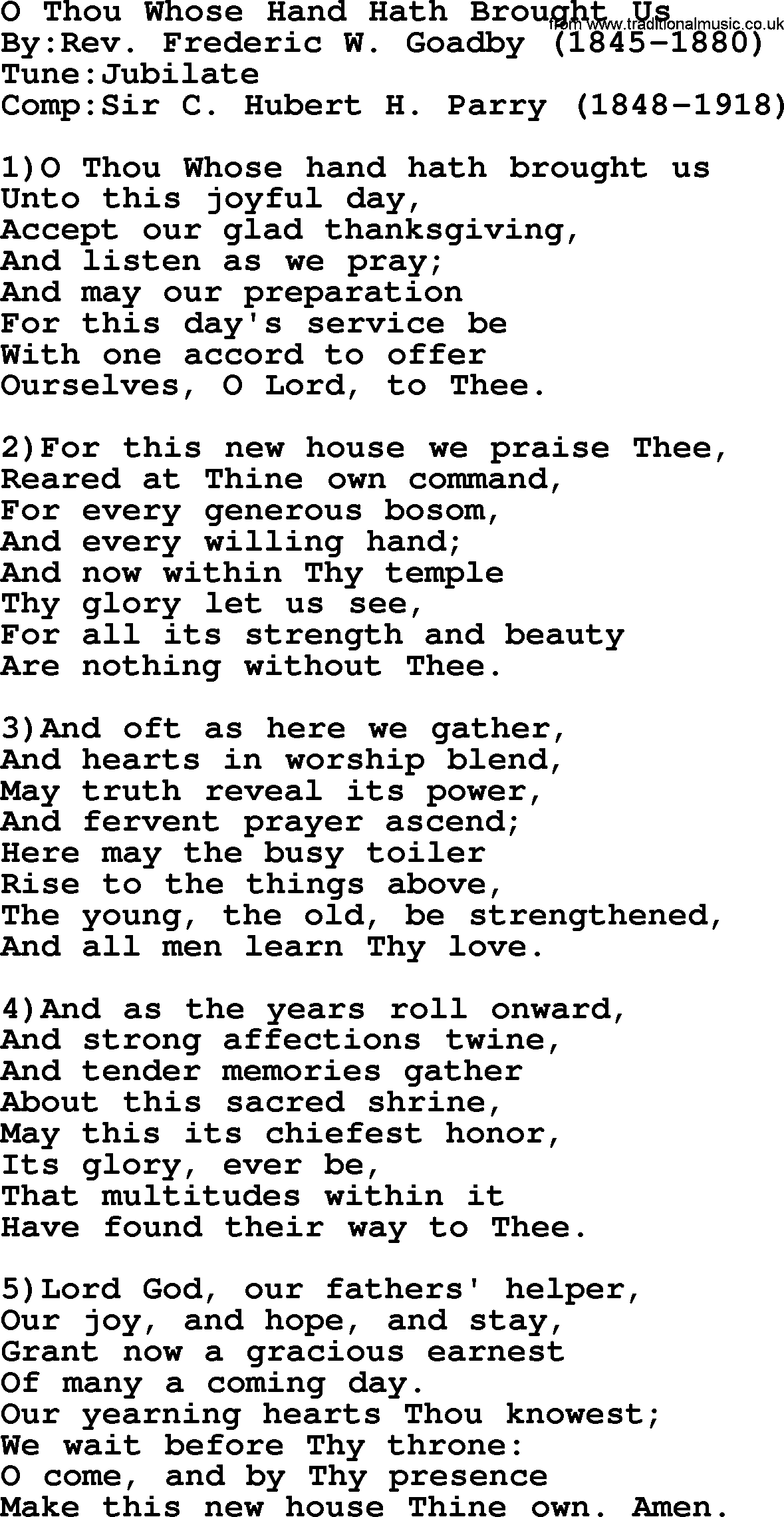 Methodist Hymn: O Thou Whose Hand Hath Brought Us, lyrics