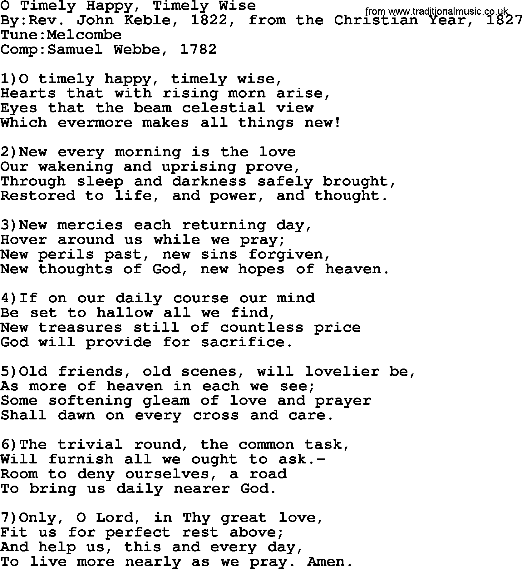 Methodist Hymn: O Timely Happy, Timely Wise, lyrics