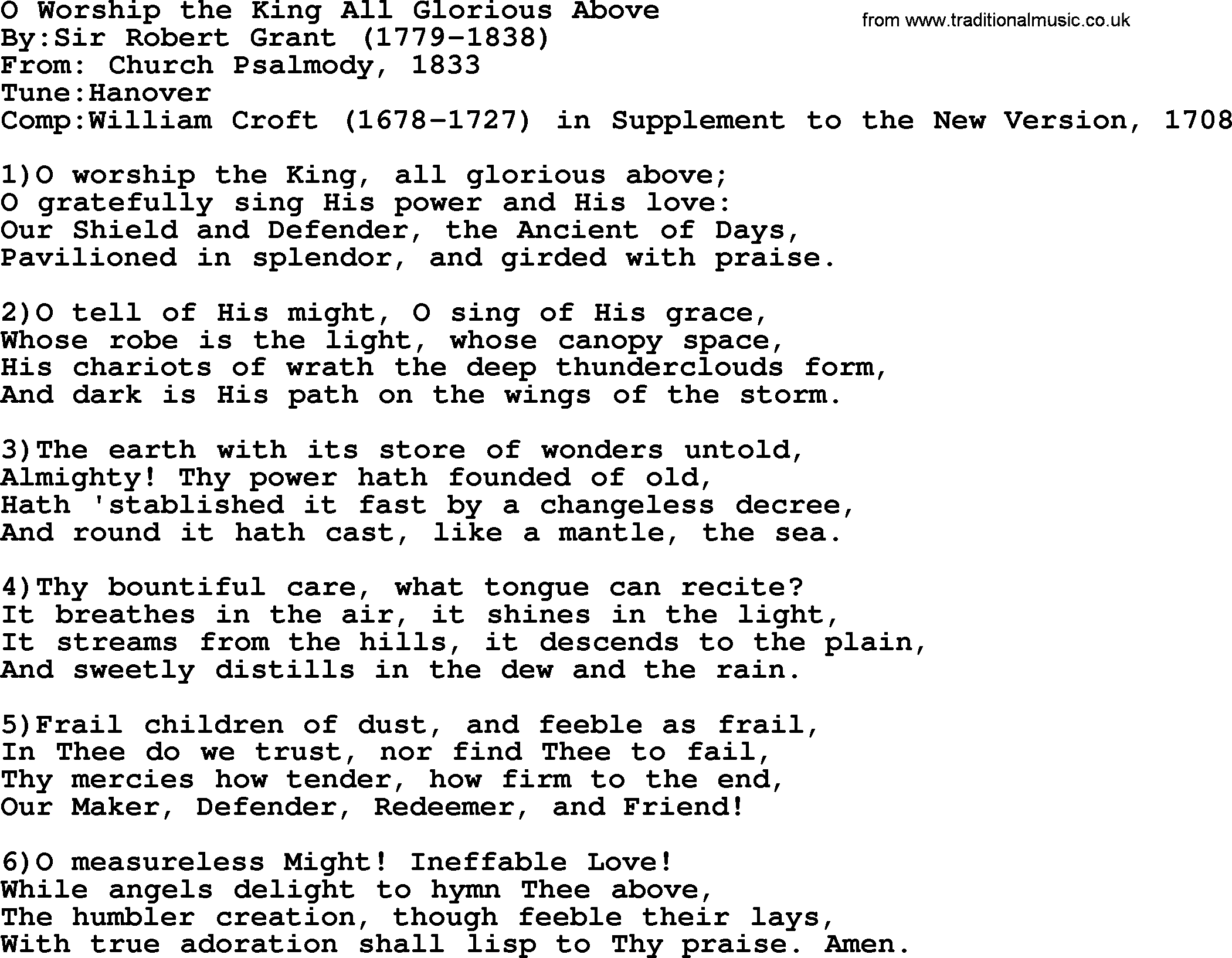 Methodist Hymn: O Worship The King All Glorious Above, lyrics